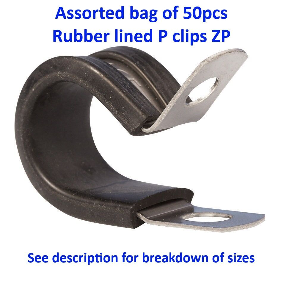 Assortment bag of 50pcs - Rubber lined p clips, Zinc plated, 5mm - 40mm